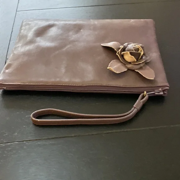 Ruth E. Saltz Leather Clutch. Brown. Rose Detail. 11”x6”. - Picture 3 of 6